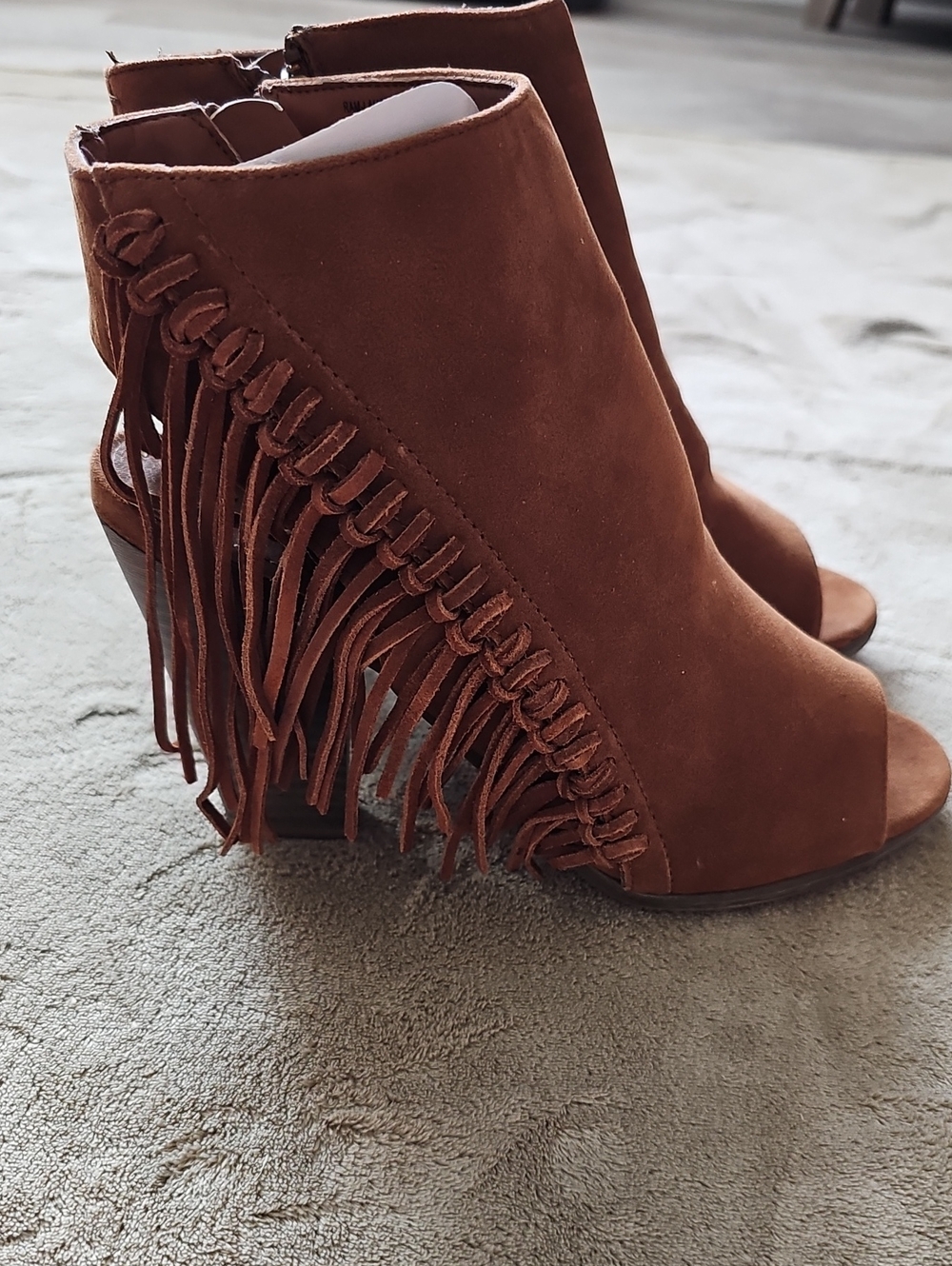 NEW Rampage Brown Suede Fringe Peep-Toe Heeled Booties